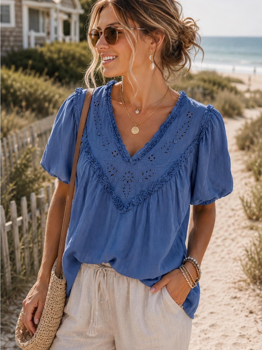 Old Navy Blue Embroidered Eyelet Boho Peasant Blouse L Boho Cottagecore